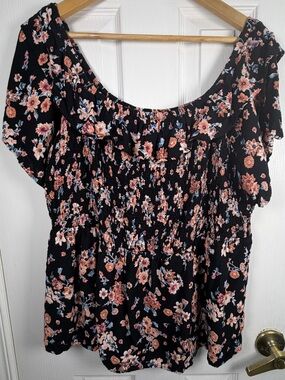 Maurices Black Floral Off Shoulder Smocked Blouse Women's XXL Boho Cottagecore
